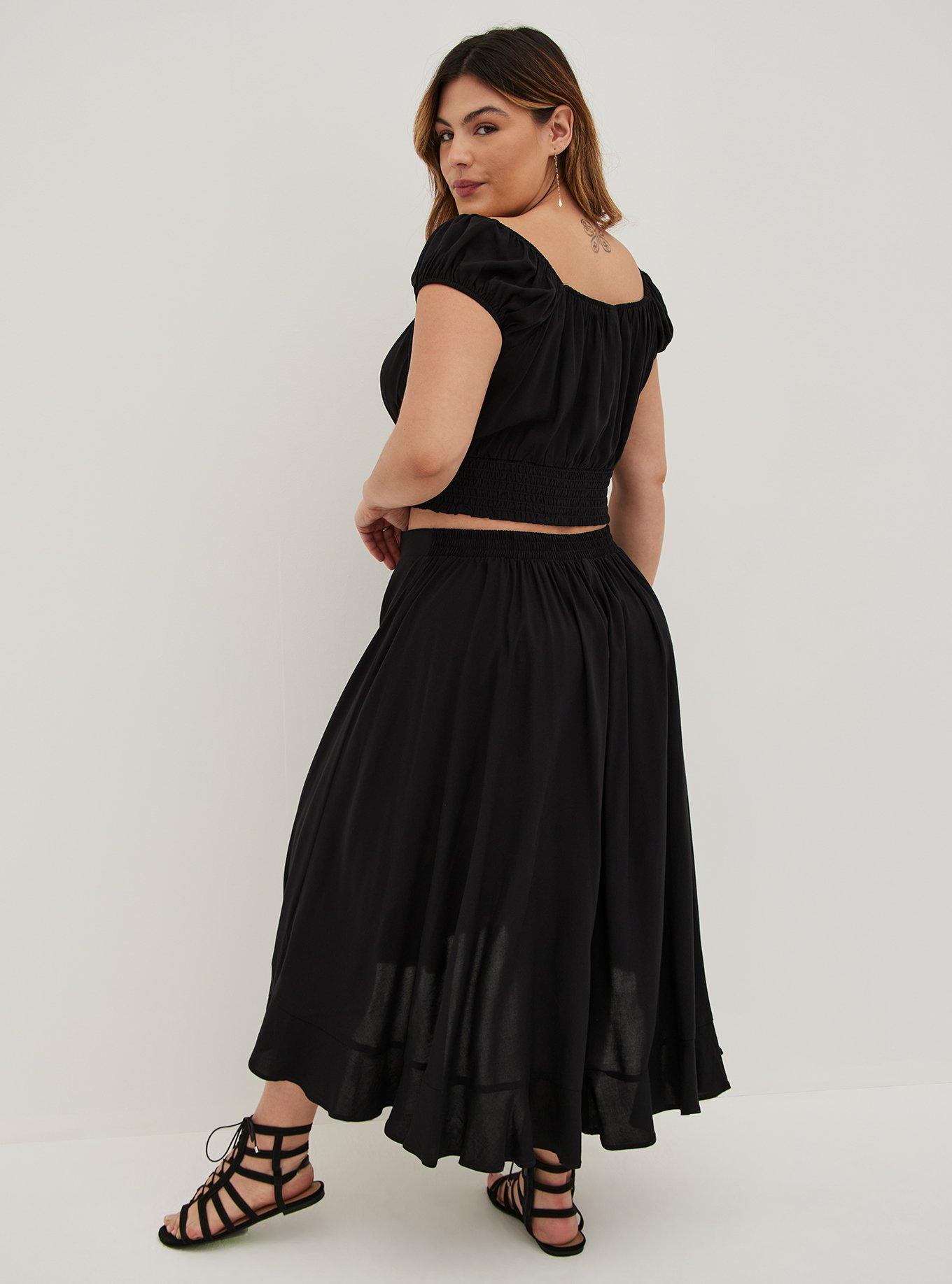 Plus Size - Smocked Crop Top & Hi-Lo Skirt Set - Challis Black - Torrid