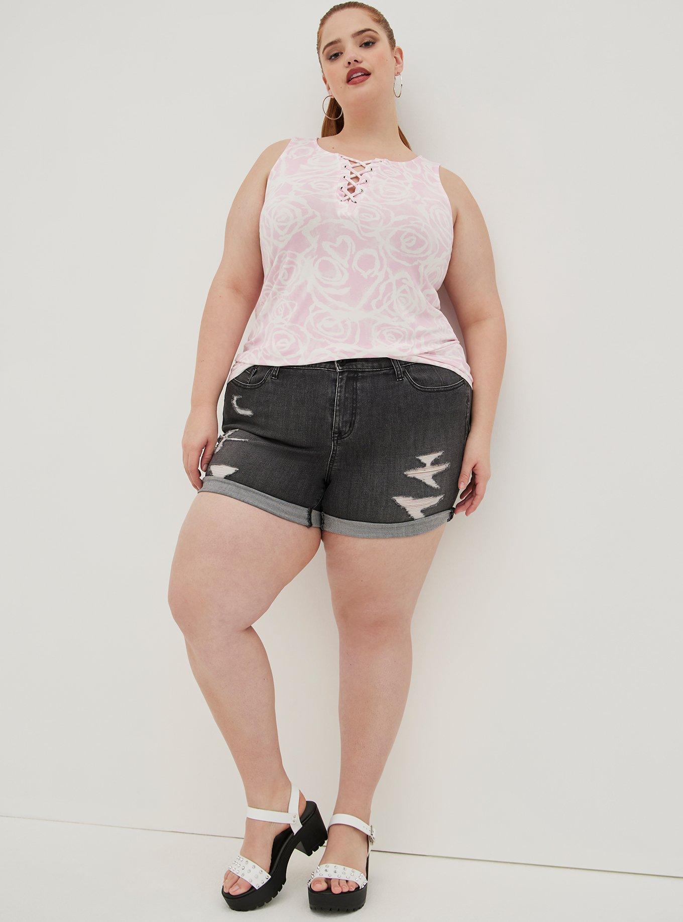 Plus Size LoveSick Lace-Up Tank - Super Soft Pink Spray Paint Skull, BLACK, alternate