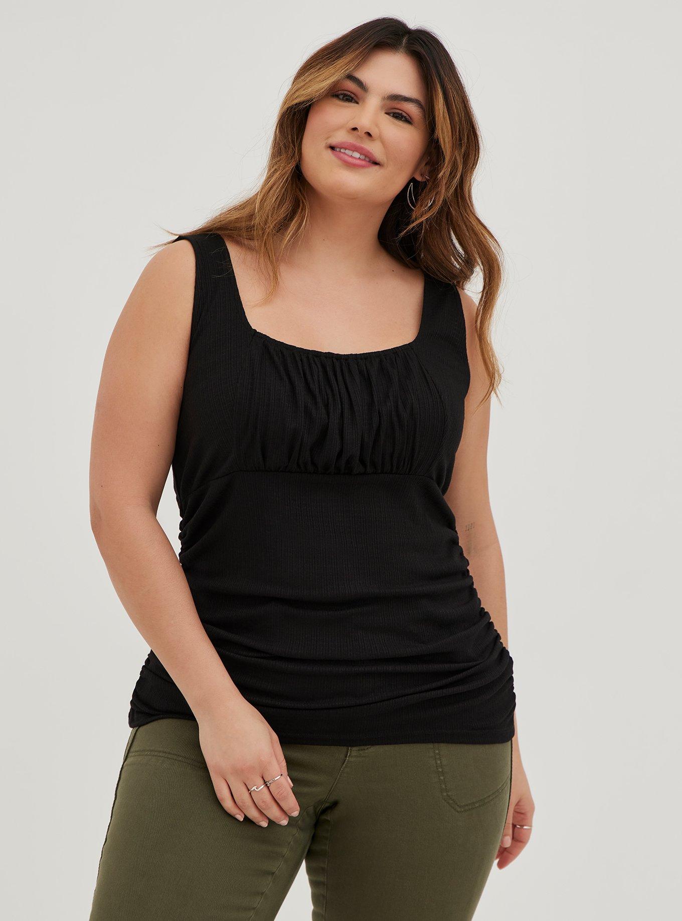 Plus Size - Textured Knit Double Scoop Neck Ruched Front