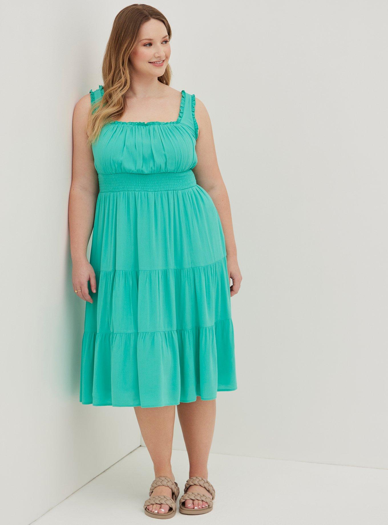 Plus Size - Smocked Waist Tiered Midi Dress - Crinkle Gauze Aqua Green -  Torrid