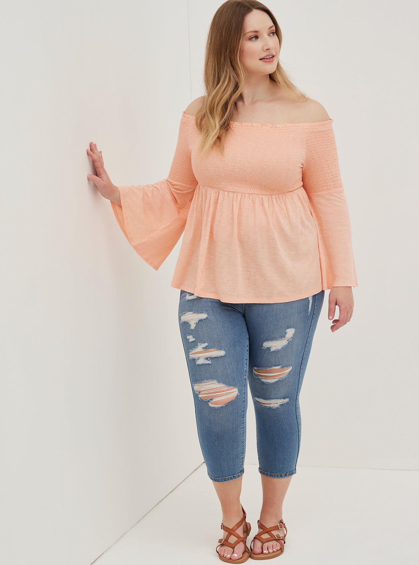 Babydoll Knit Smocked Off-Shoulder Bell Sleeve Top