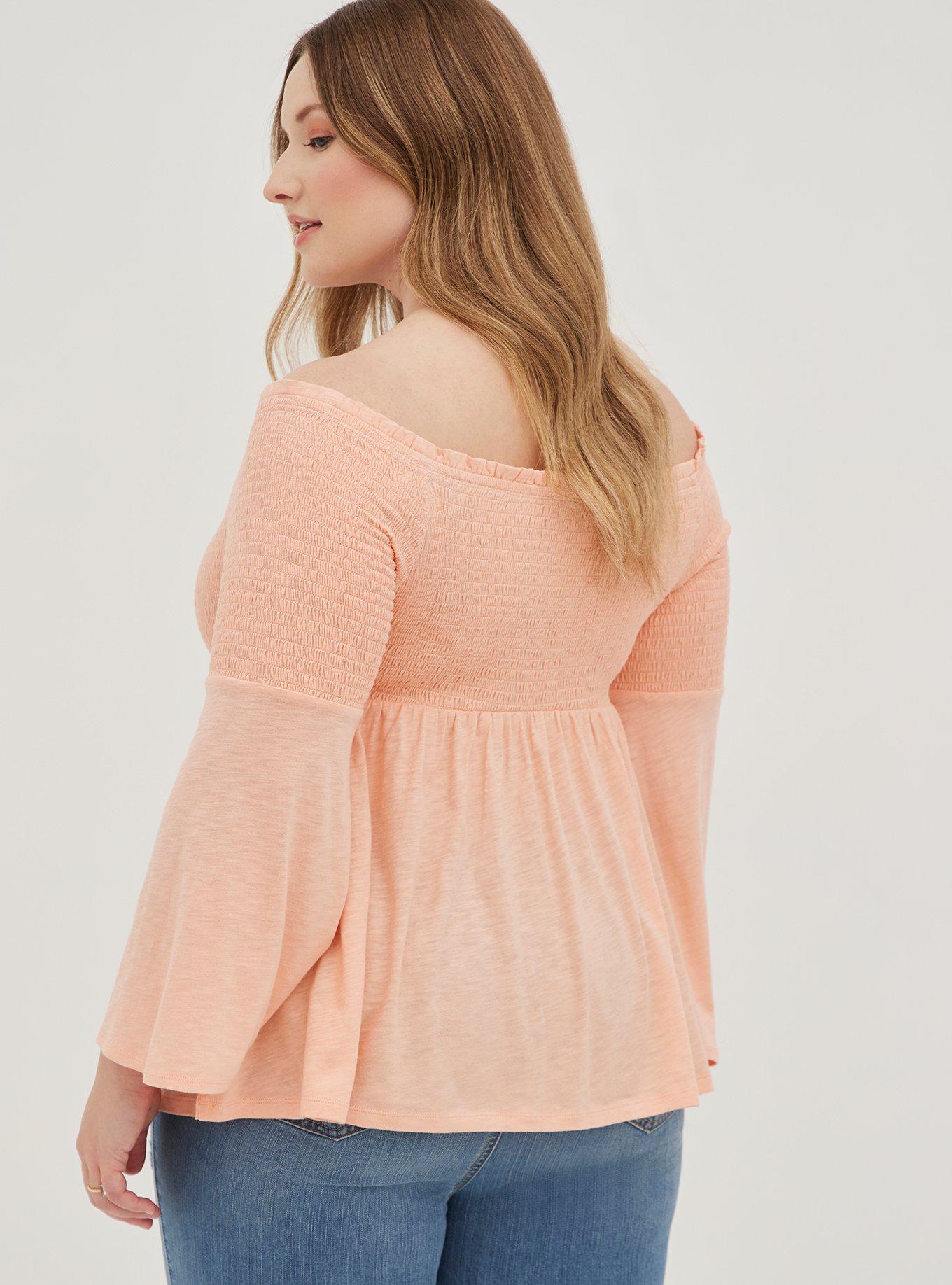 Babydoll Knit Smocked Off-Shoulder Bell Sleeve Top