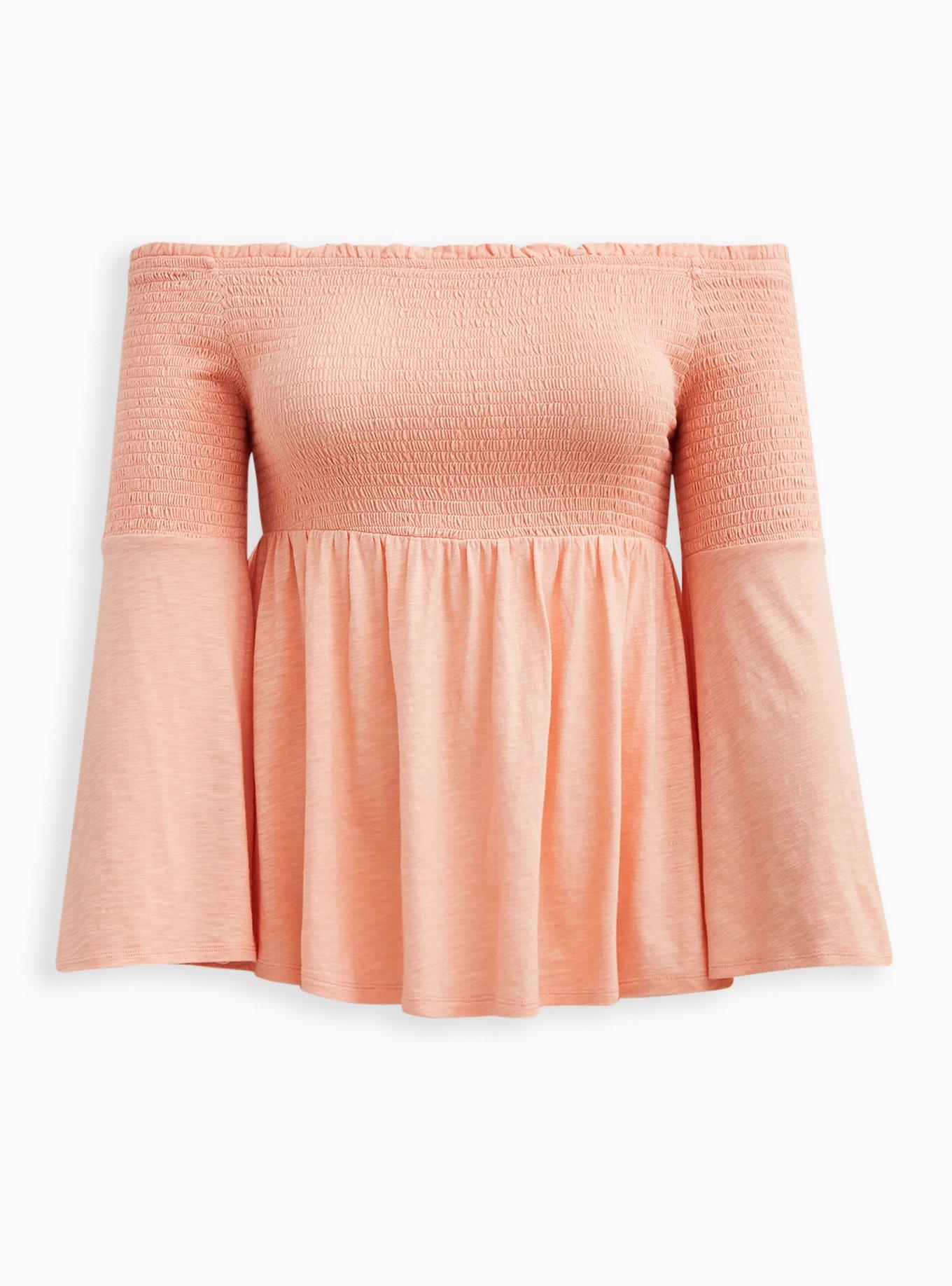 Babydoll Knit Smocked Off-Shoulder Bell Sleeve Top