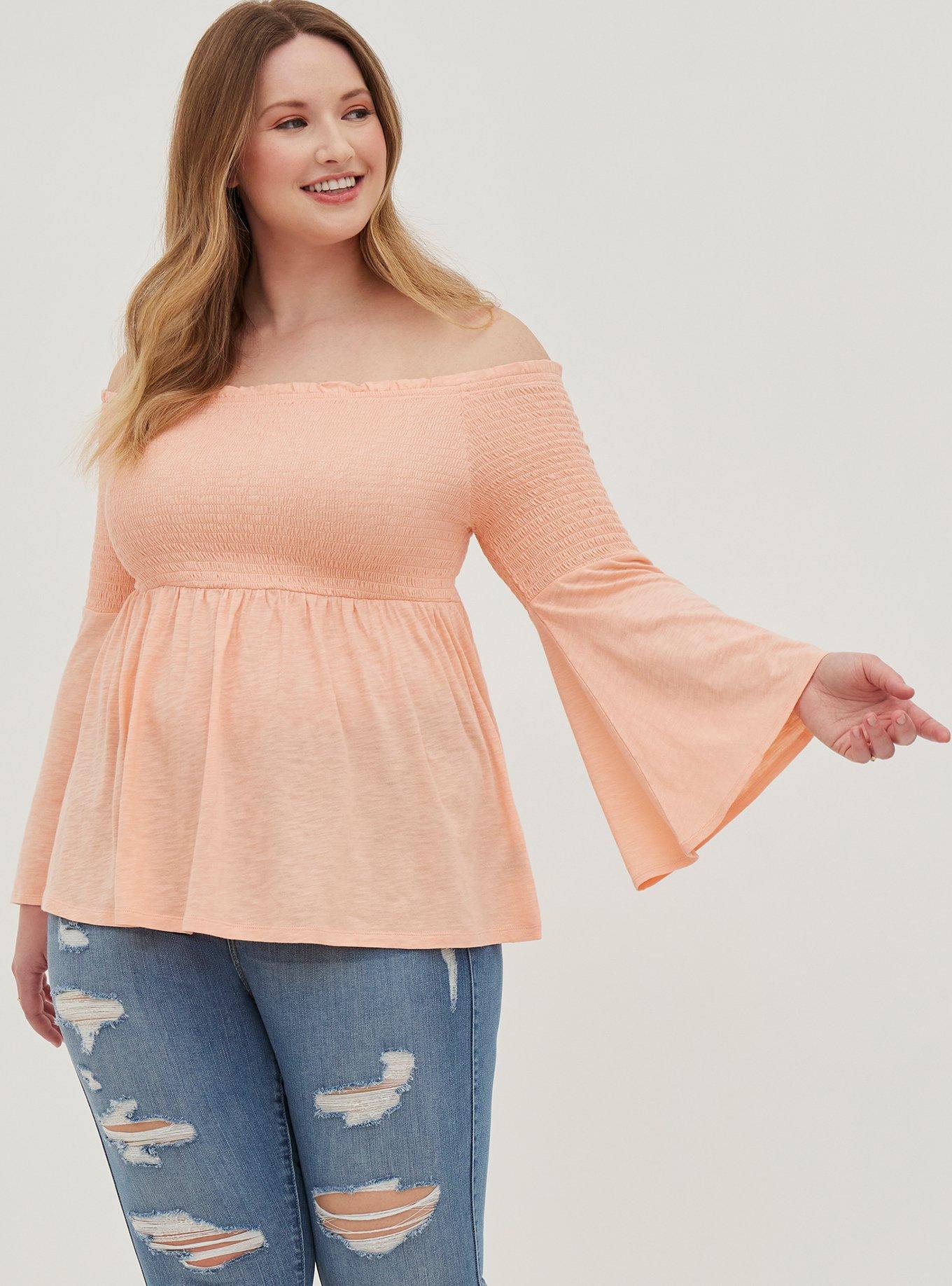 Plus Size Babydoll Knit Smocked Off Shoulder Bell Sleeve Top Torrid