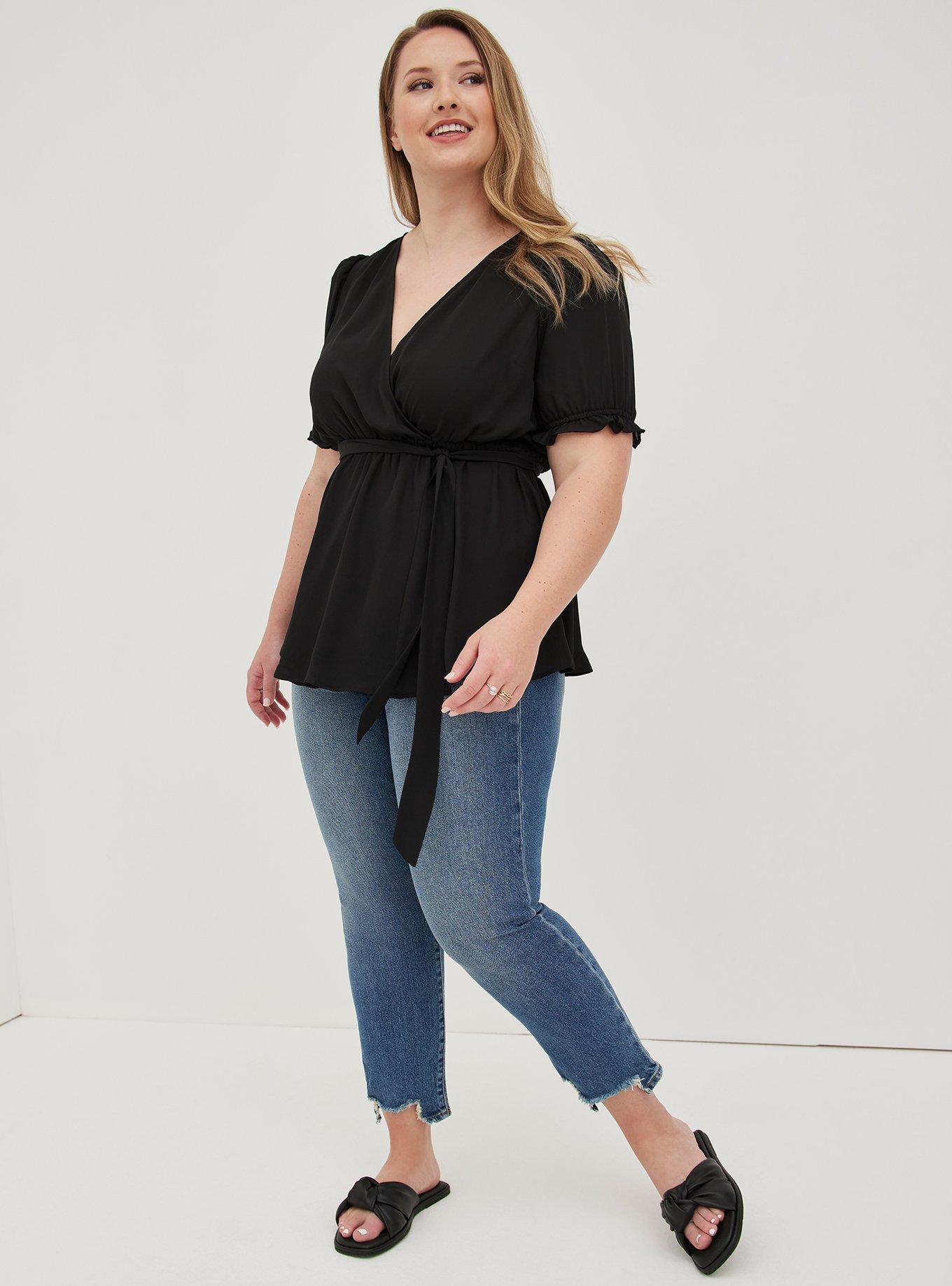 Georgette Surplice Puff Sleeve Blouse, DEEP BLACK, alternate