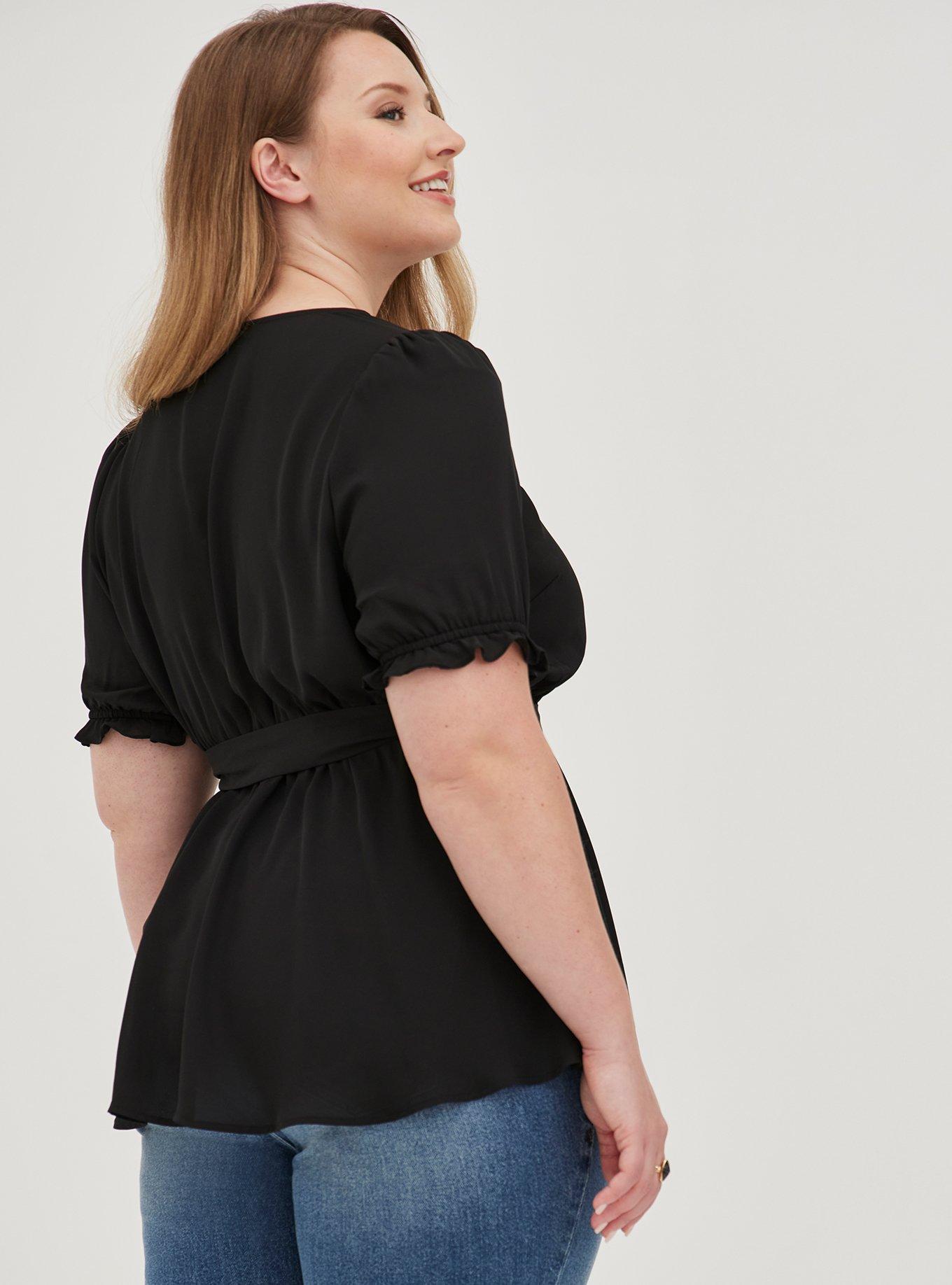 Georgette Surplice Puff Sleeve Blouse, DEEP BLACK, alternate