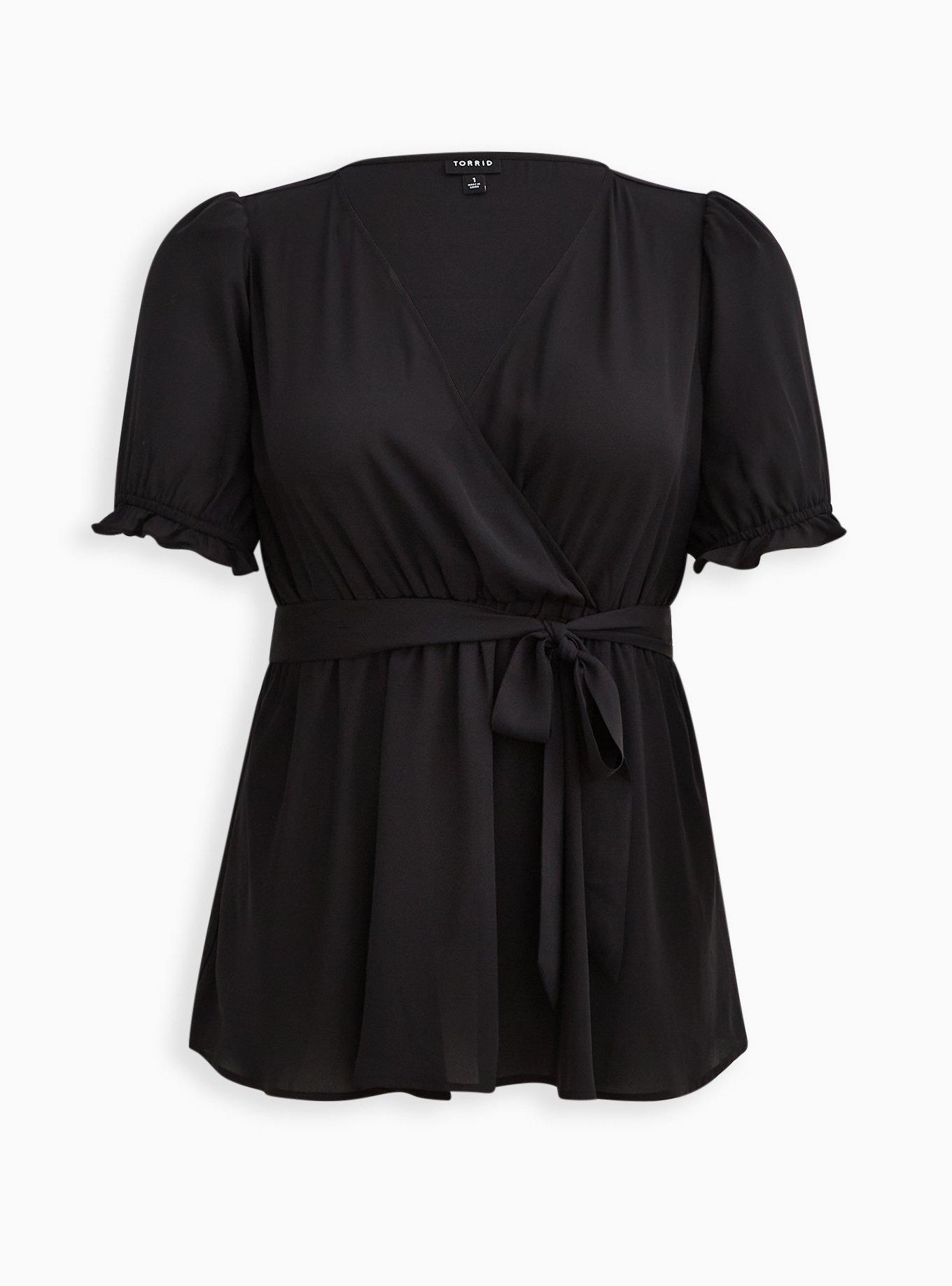 Georgette Surplice Puff Sleeve Blouse, DEEP BLACK, hi-res