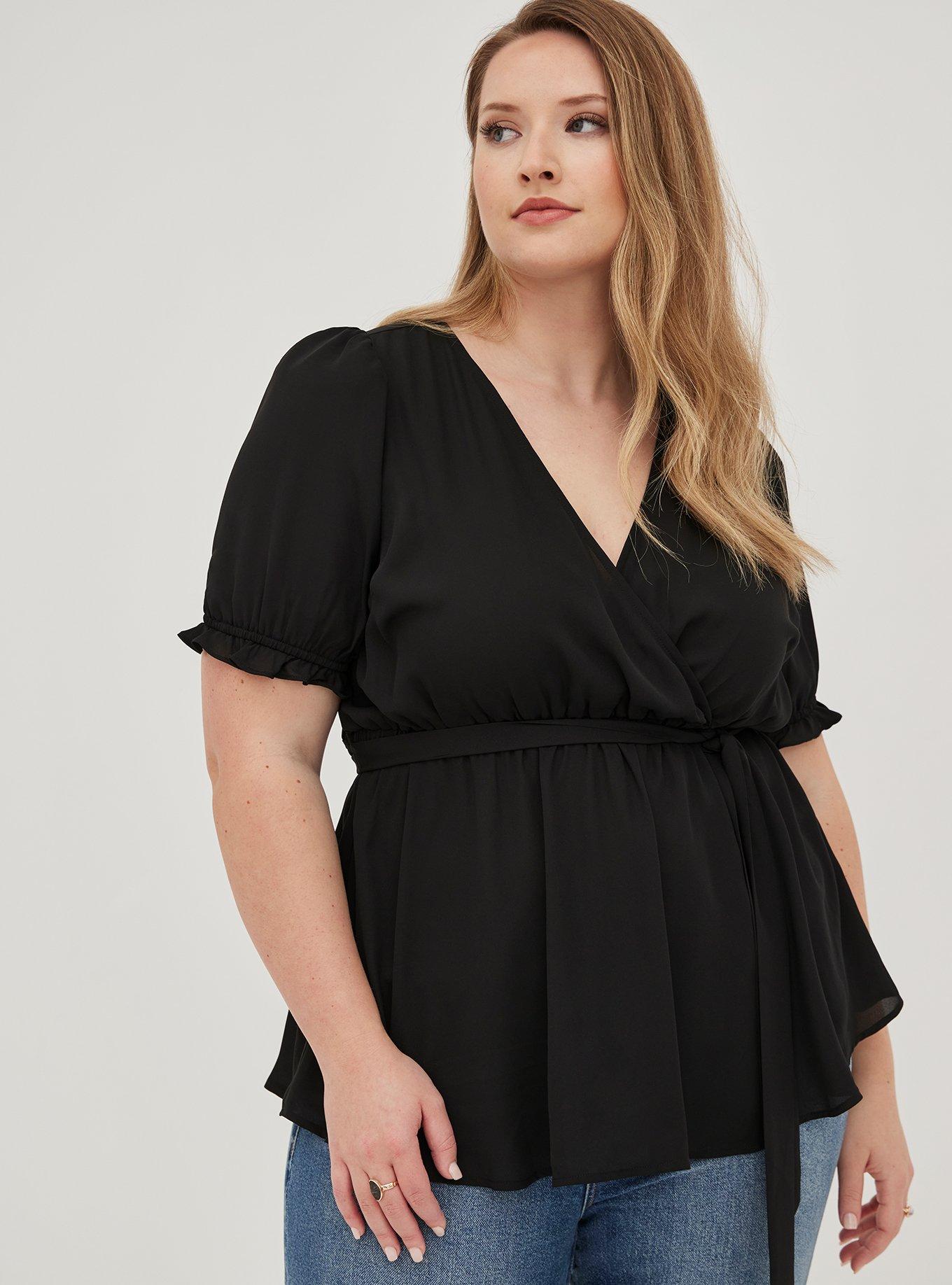 Georgette Surplice Puff Sleeve Blouse, DEEP BLACK, hi-res