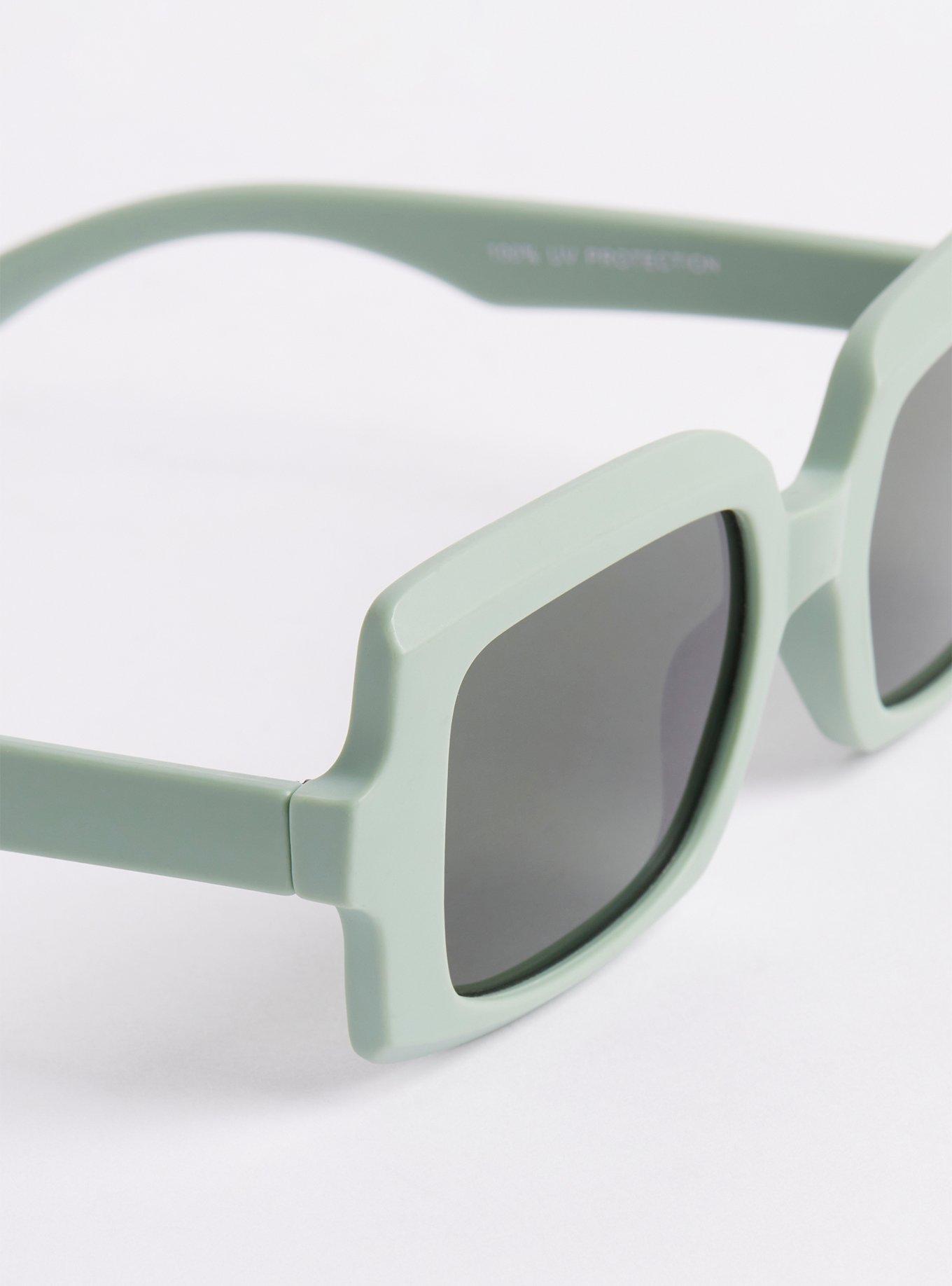 Plus Size - Small Rectangle Sunglasses - Matte Green with Smoke