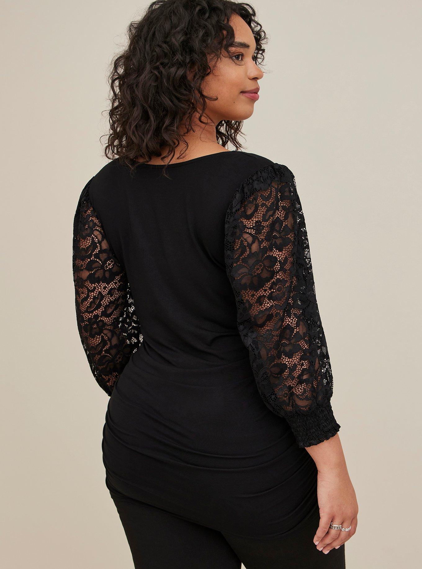 Plus Size - Lace V-Neck Ruched Front Long Sleeve Top - Torrid