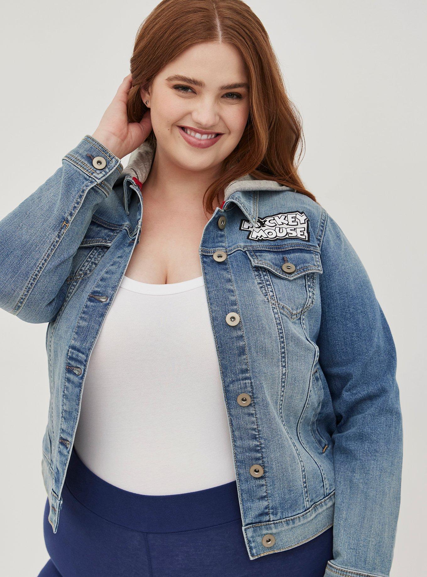 Plus Size - Denim Knit Sleeve Hooded Trucker Jacket - Torrid