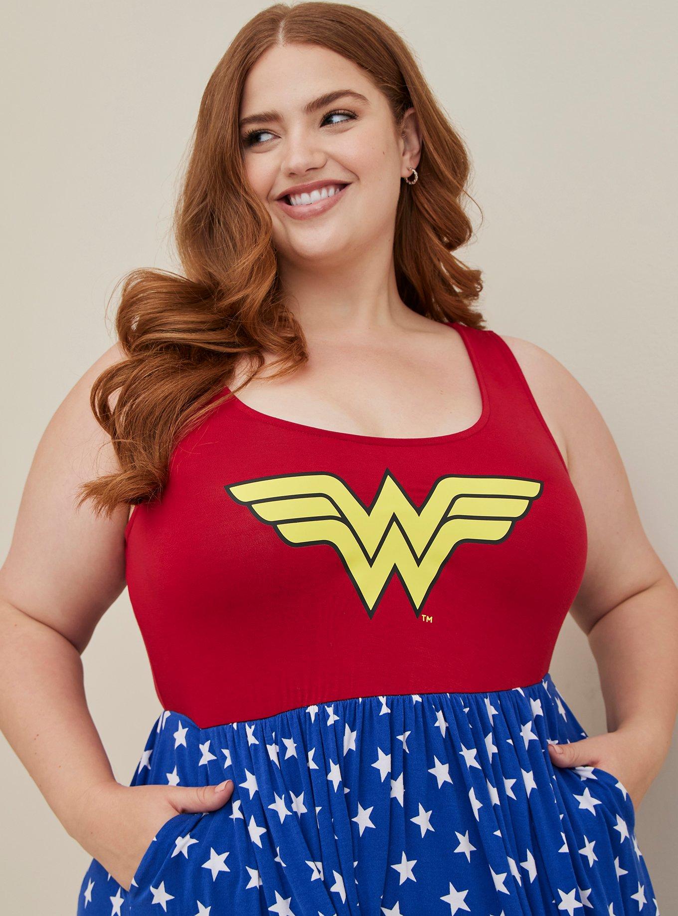 Plus Size DC Wonder Woman Skater Dress Super Soft Stars Red Blue Torrid