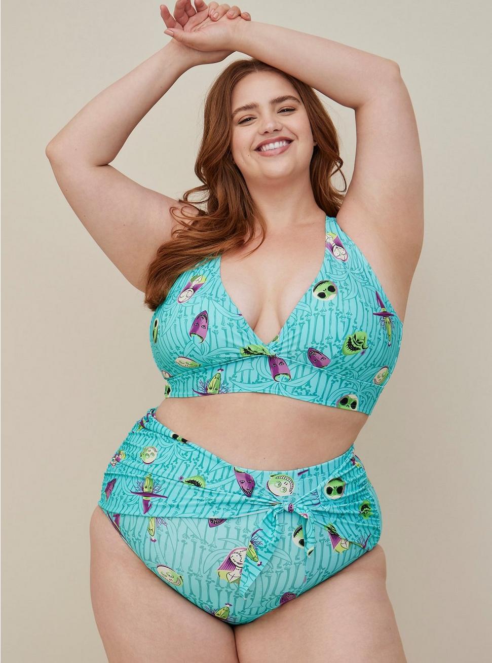 Plus Size Disney The Nightmare Before Christmas High Waisted Tie Front Swim Bottoms - Aqua Blue, MULTI COLOR, hi-res