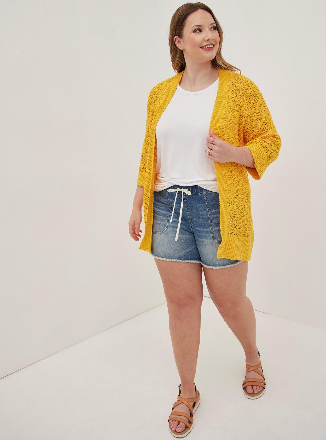 Open Stitch Cardigan Open Front Sweater, YELLOW, alternate