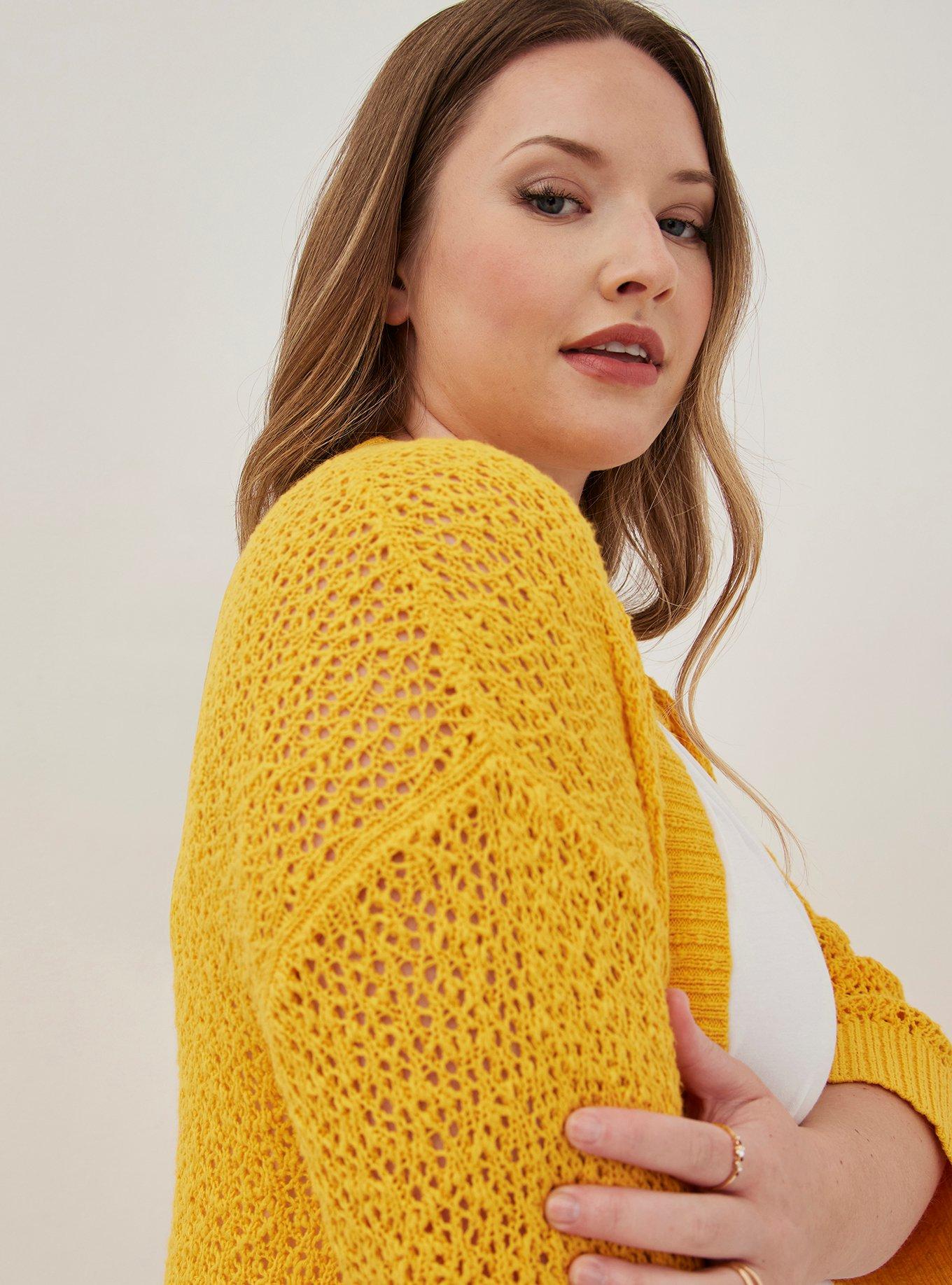 Open Stitch Cardigan Open Front Sweater, YELLOW, alternate