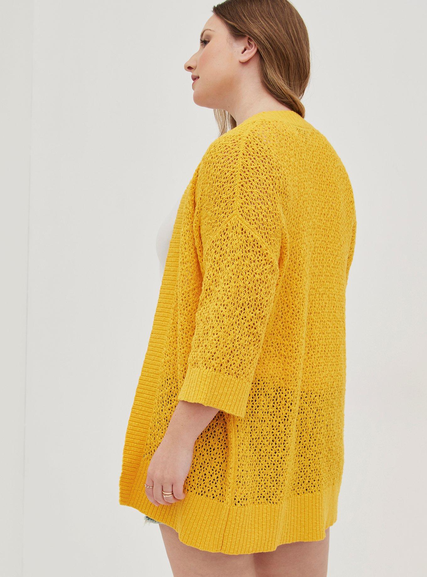 Open Stitch Cardigan Open Front Sweater, YELLOW, alternate