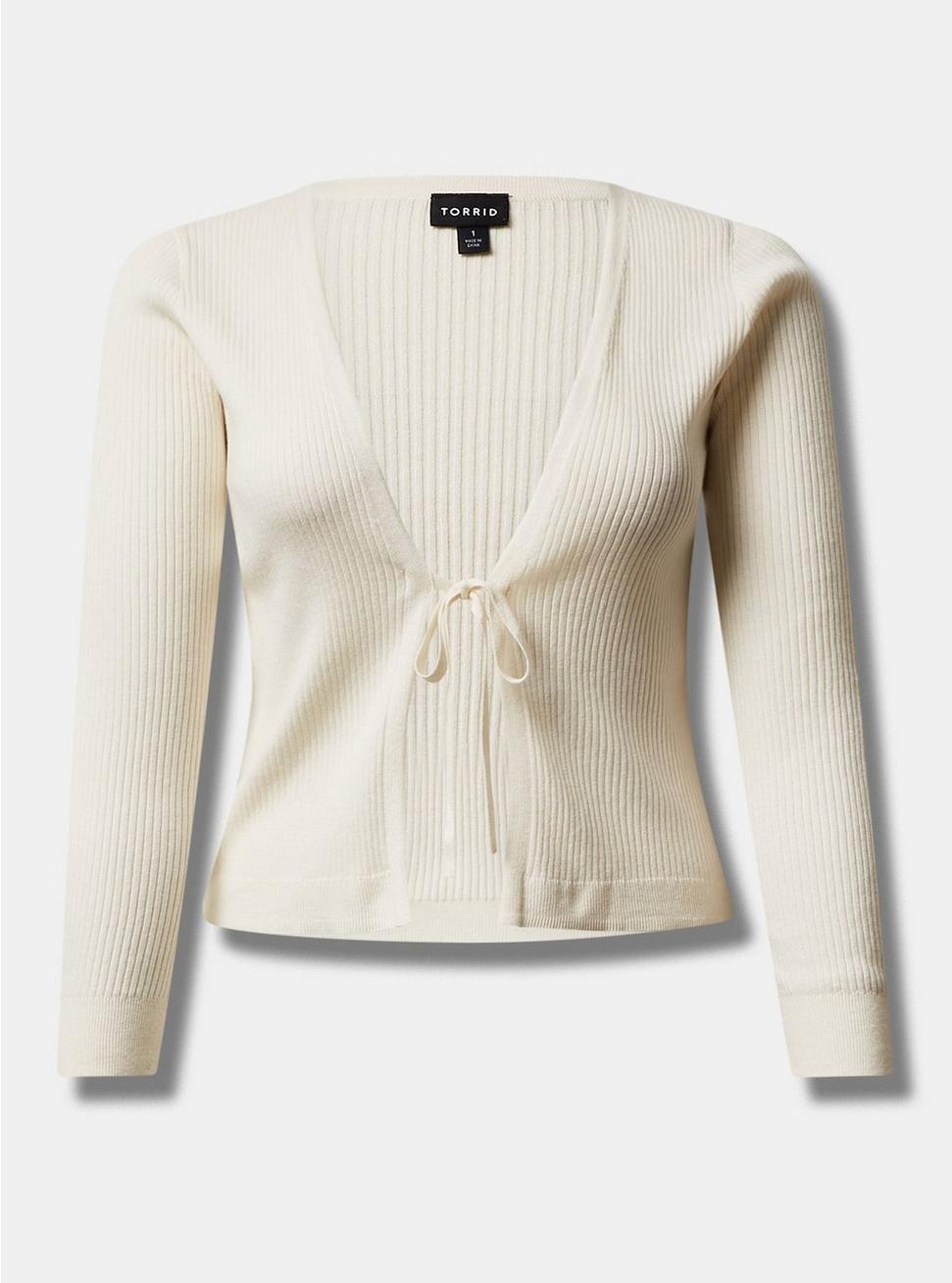 Cardigan Tie-Front Ribbed Sweater, PRISTINE, hi-res