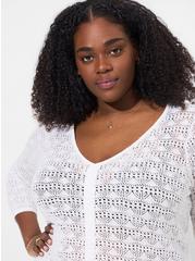 Open Stitch Pullover V-Neck Cinched Front Sweater, WHITE, alternate