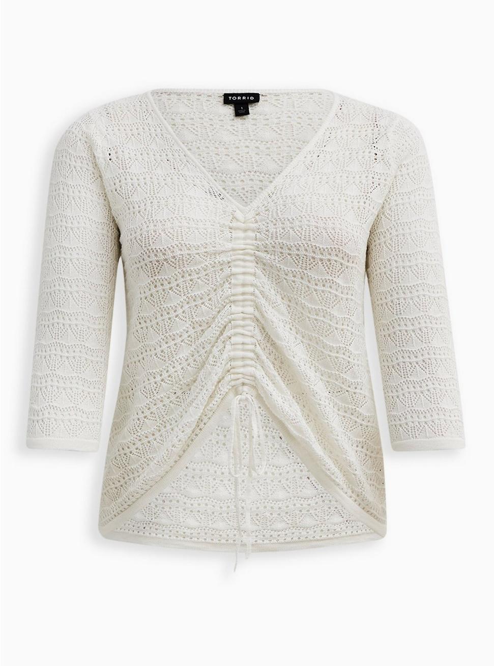 Open Stitch Pullover V-Neck Cinched Front Sweater, WHITE, hi-res