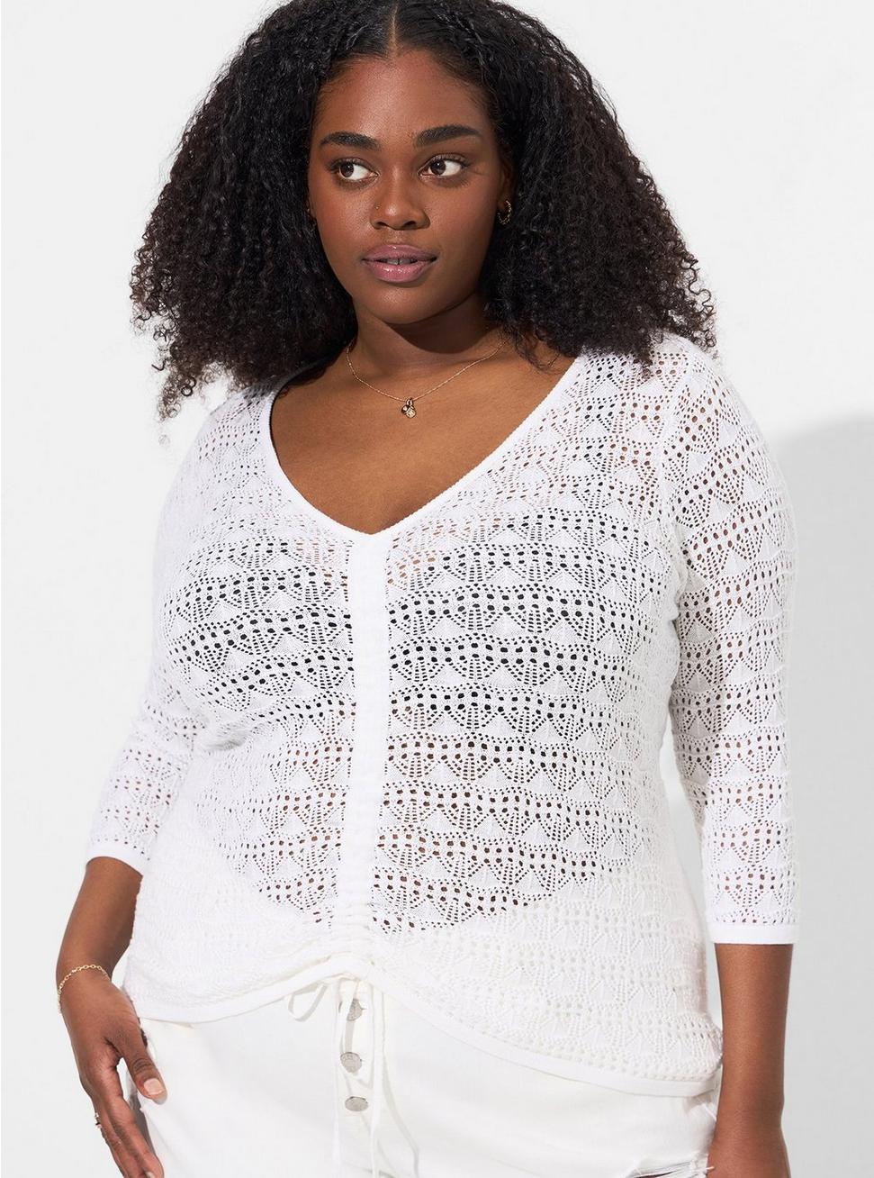 Open Stitch Pullover V-Neck Cinched Front Sweater, WHITE, hi-res