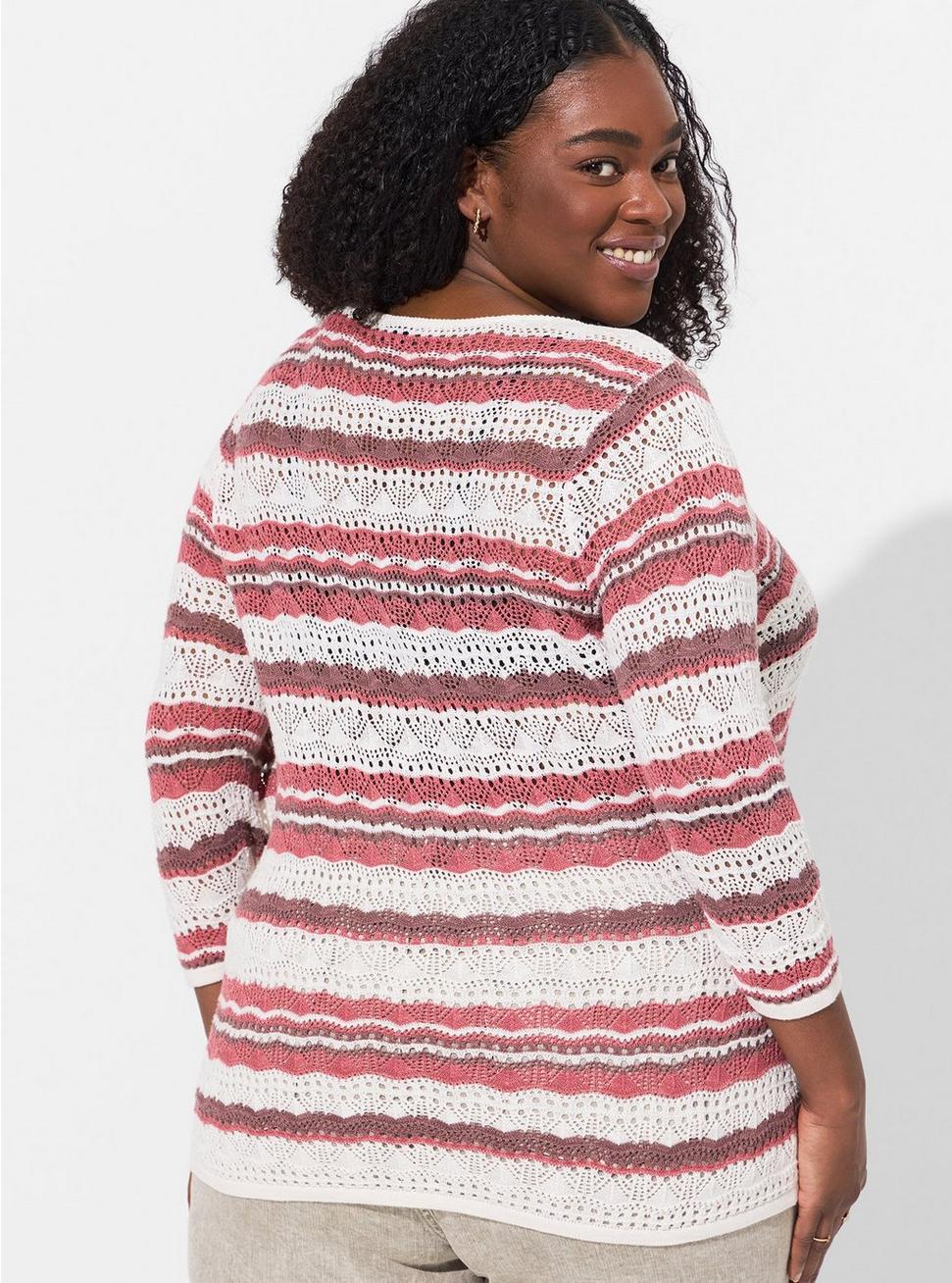 Open Stitch Pullover V-Neck Cinched Front Sweater, PINK STRIPE, alternate