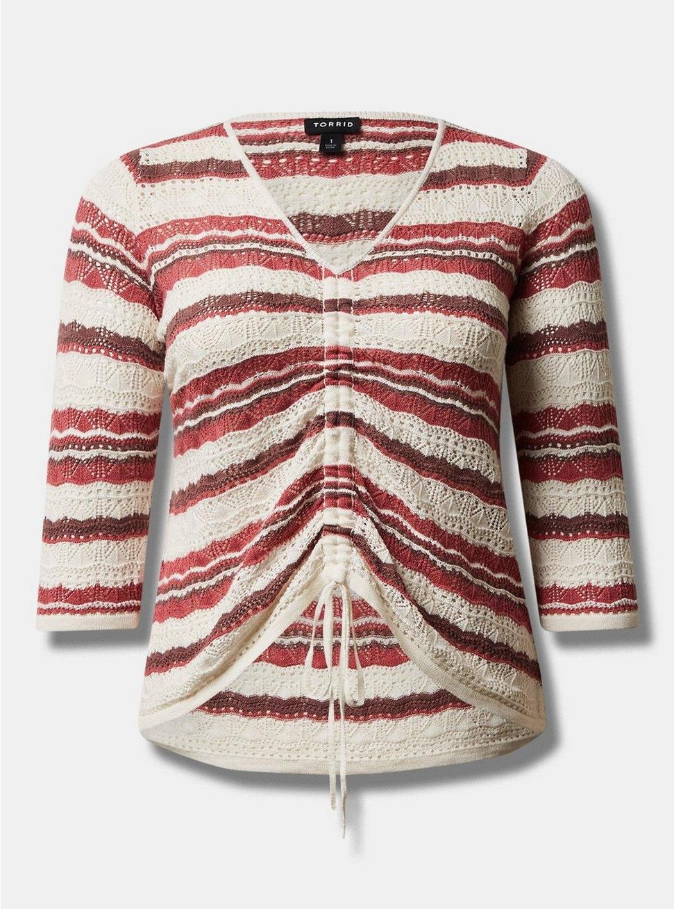 Open Stitch Pullover V-Neck Cinched Front Sweater, PINK STRIPE, hi-res