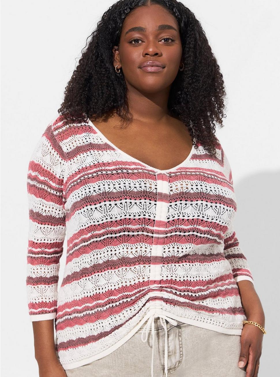Open Stitch Pullover V-Neck Cinched Front Sweater, PINK STRIPE, hi-res