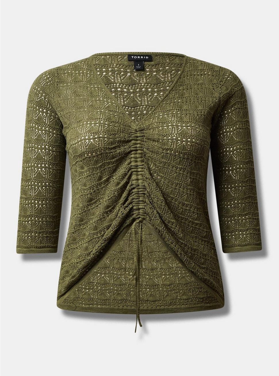 Open Stitch Pullover V-Neck Cinched Front Sweater, OLIVINE, hi-res