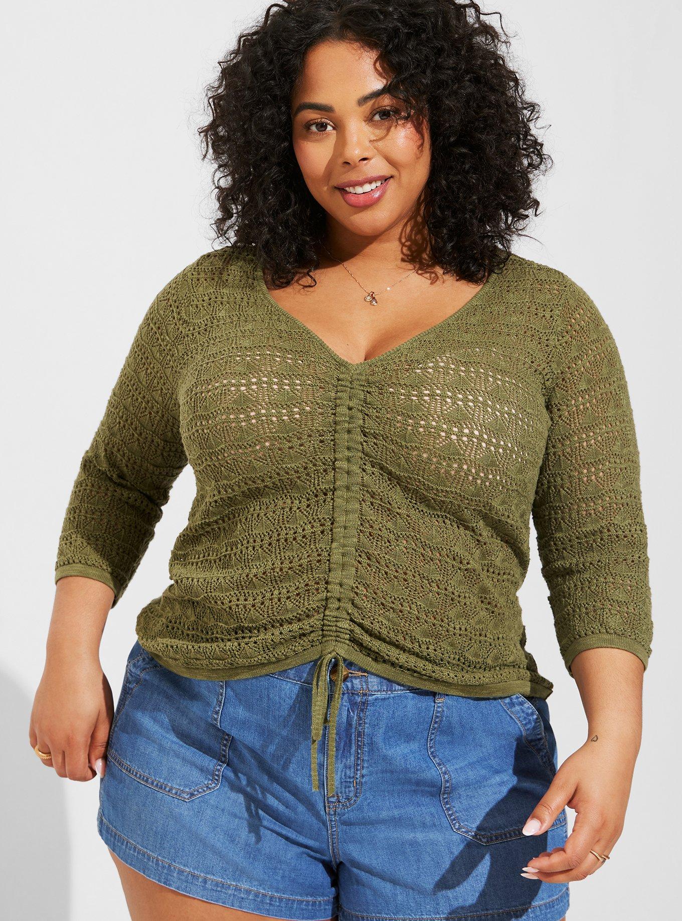 Plus Size - Open Stitch Pullover V-Neck Cinched Front Sweater - Torrid