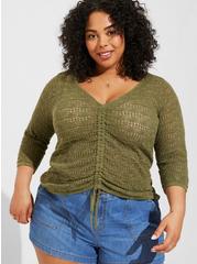 Open Stitch Pullover V-Neck Cinched Front Sweater, OLIVINE, hi-res