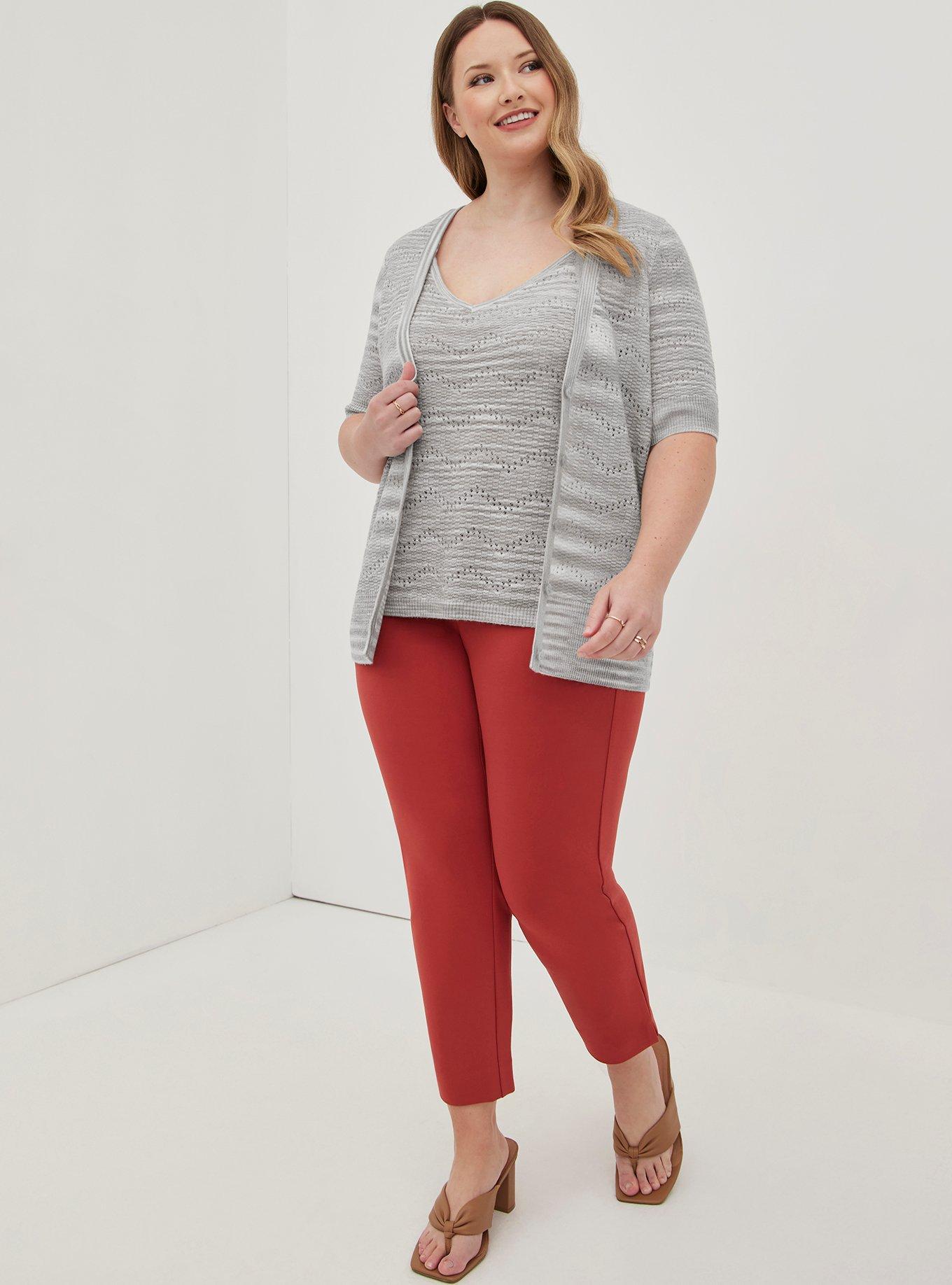 Plus Size Pointelle Cardigan V-Neck Short Sleeve Sweater, GREY, alternate