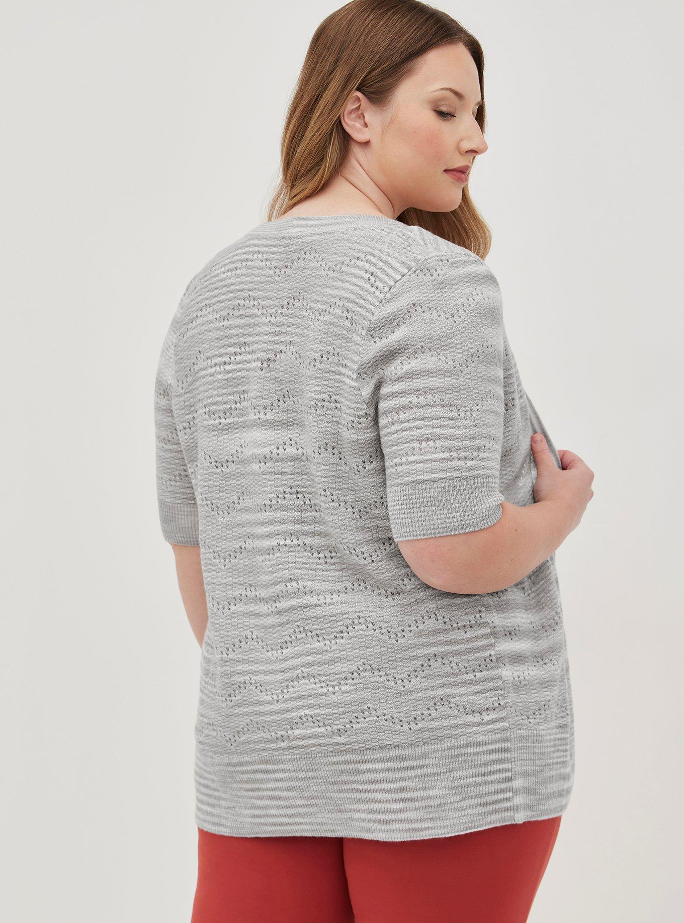Plus Size Pointelle Cardigan V-Neck Short Sleeve Sweater, GREY, alternate