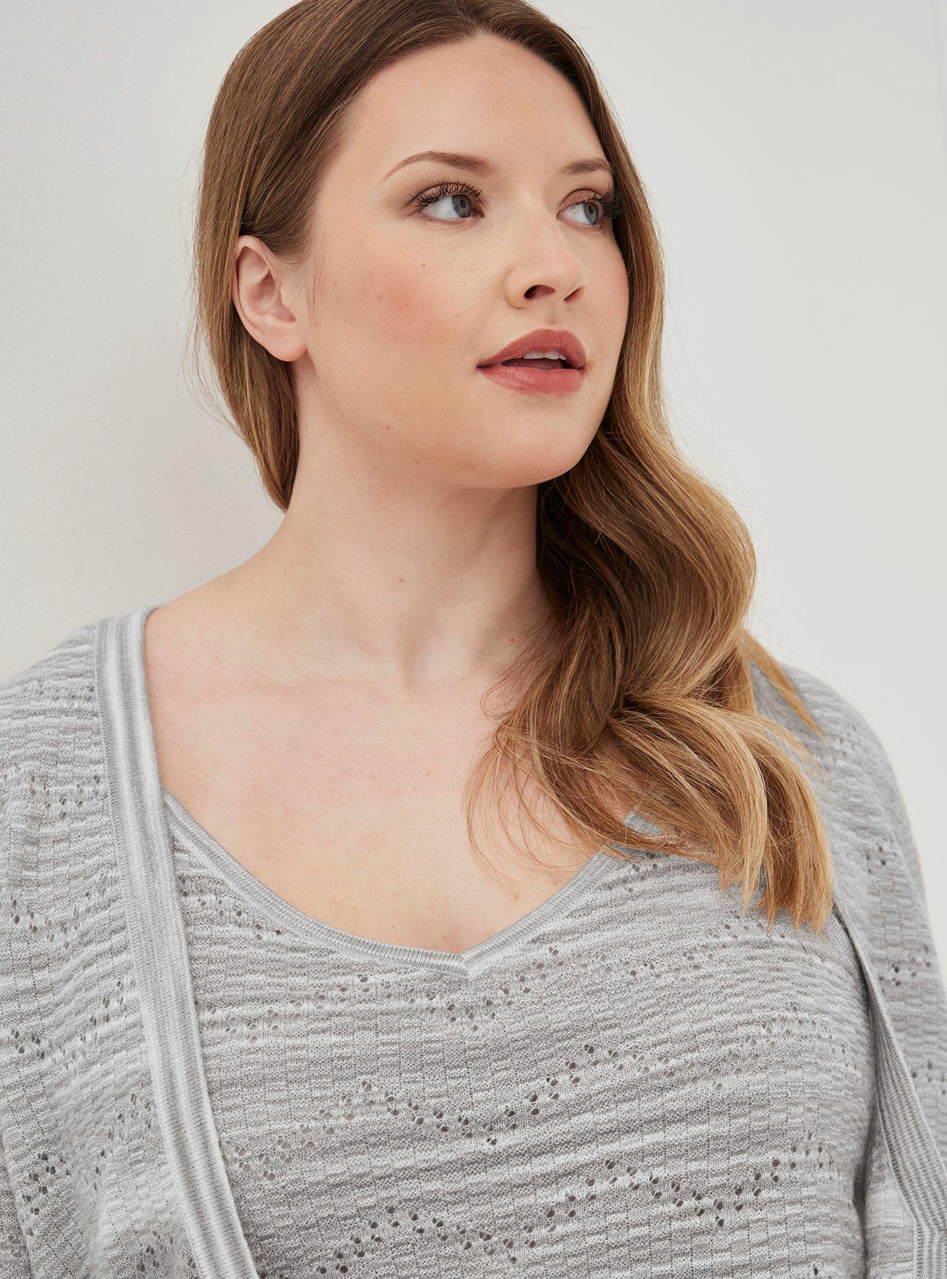 Plus Size Pointelle Cardigan V-Neck Short Sleeve Sweater, GREY, alternate