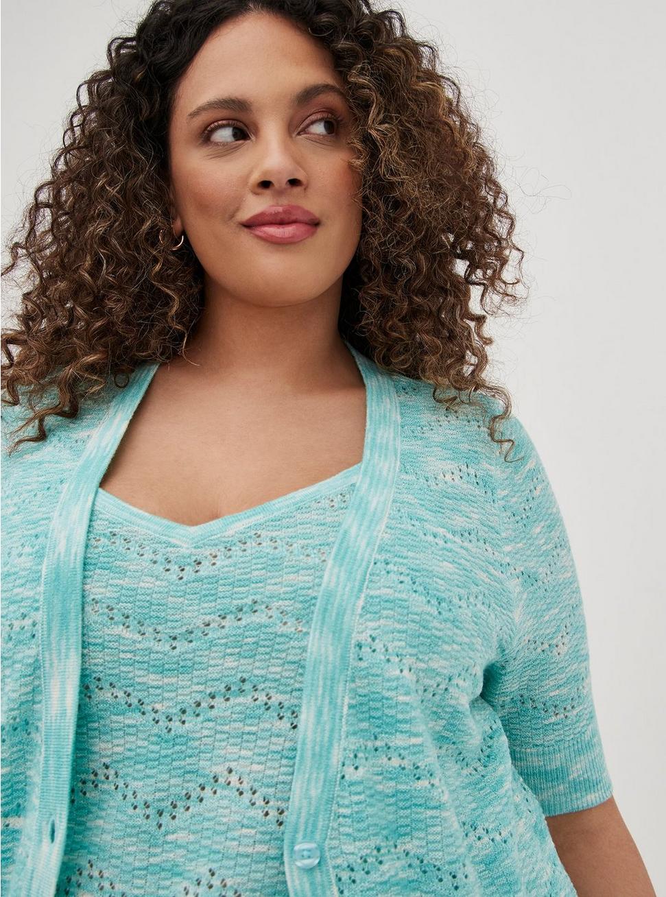 Pointelle Cardigan V-Neck Short Sleeve Sweater, BLUE, alternate