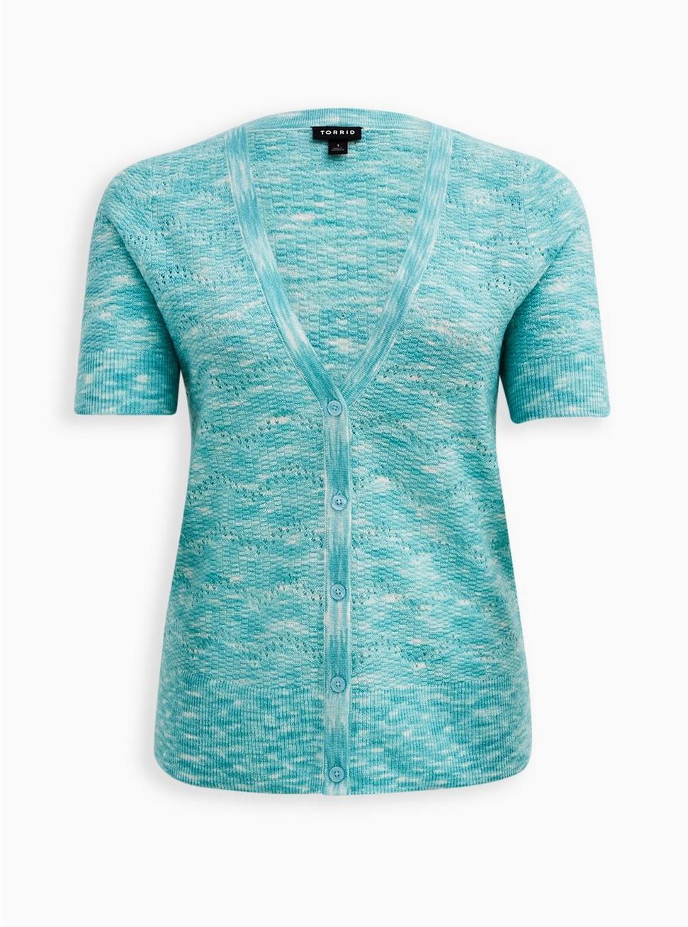 Pointelle Cardigan V-Neck Short Sleeve Sweater, BLUE, hi-res