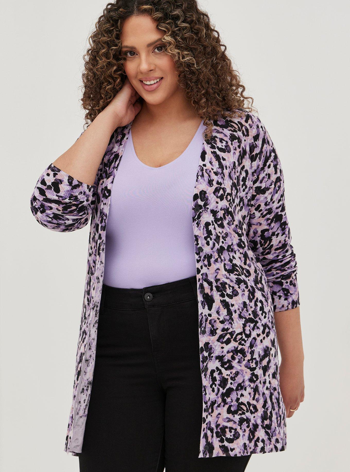 Plus Size - Boyfriend Cardigan - Cotton Leopard Purple - Torrid