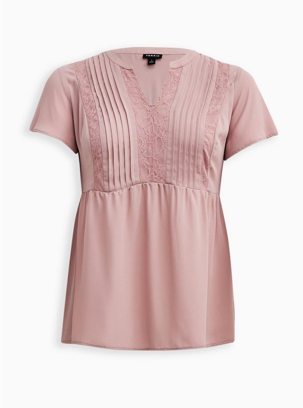 Peplum Georgette With Lace Trim And Pintucks Blouse, BLUSH, hi-res
