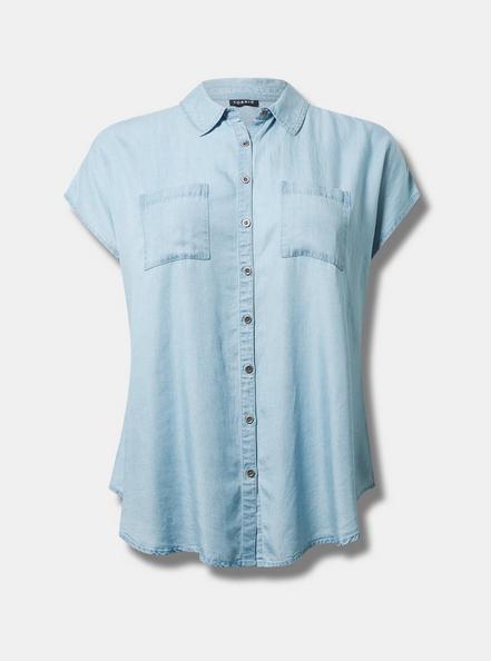 Plus Size Collared Dolman Shirt - Chambray Light Blue, LIGHT BLUE, hi-res