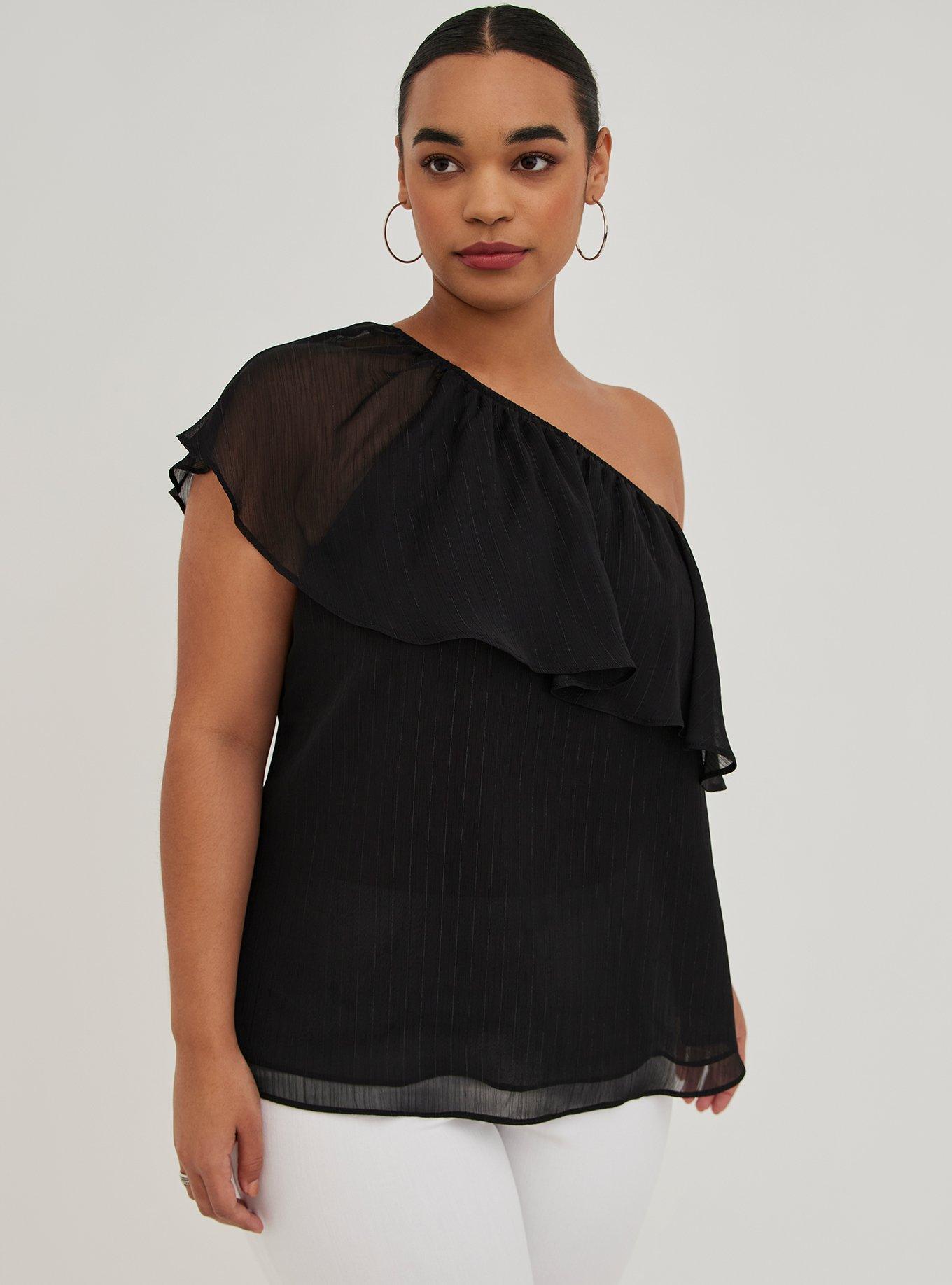 Plus Size - One-Shoulder Ruffle Blouse - Crinkle Chiffon & Lurex Black ...