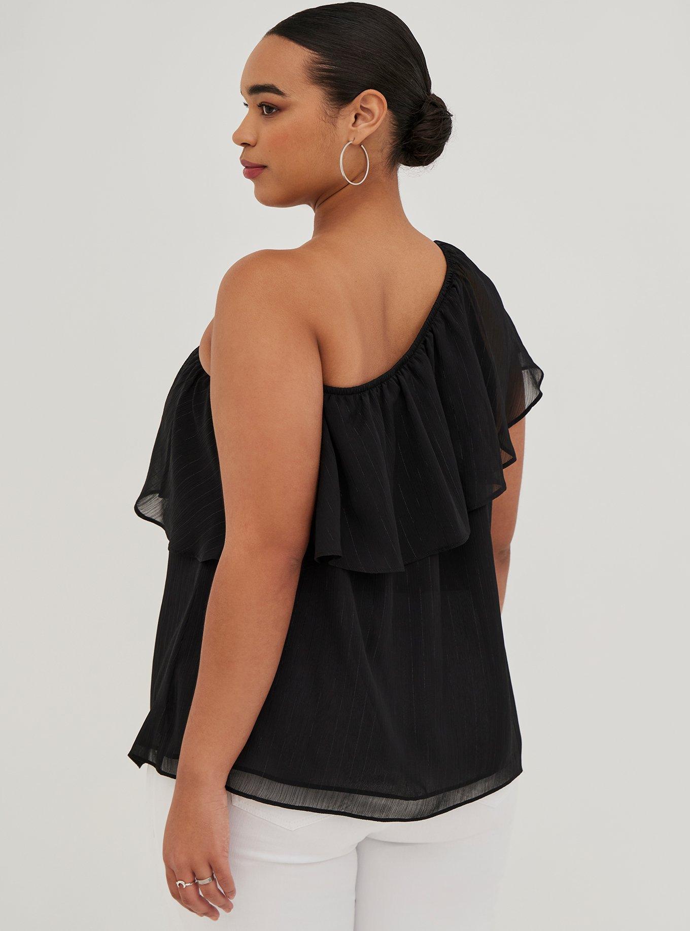 One-Shoulder Ruffle Blouse - Crinkle Chiffon & Lurex Black, DEEP BLACK, alternate