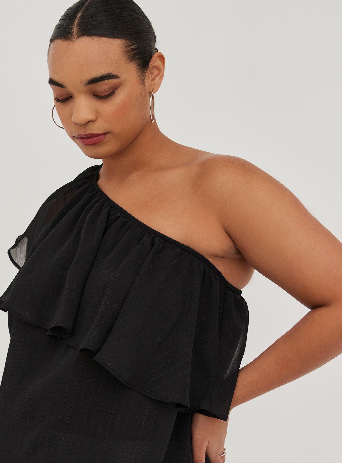 One-Shoulder Ruffle Blouse - Crinkle Chiffon & Lurex Black, DEEP BLACK, alternate