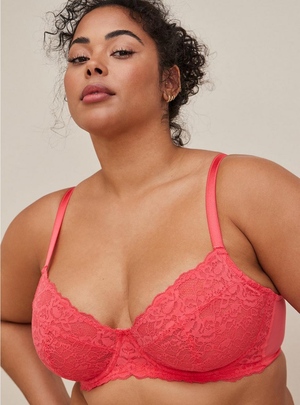 Plus Size Full-Coverage Balconette Unlined Lace Straight Back Bra, PARADISE PINK, hi-res