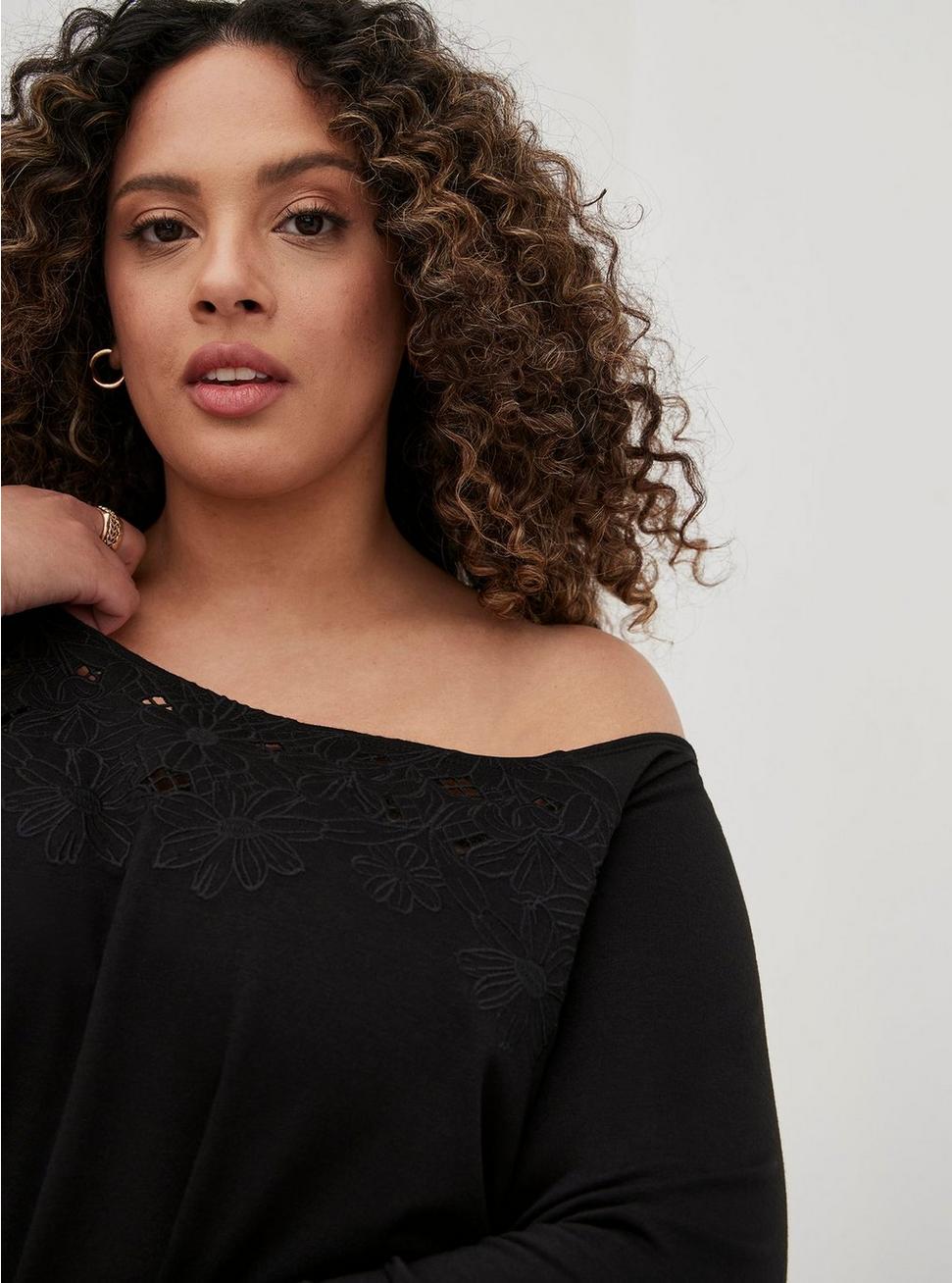 Plus Size Off-Shoulder Lt Weight French Terry Embroidered Sweatshirt, DEEP BLACK, alternate