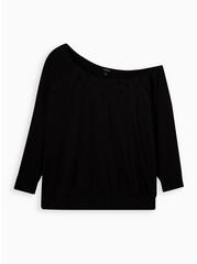 Plus Size Off-Shoulder Lt Weight French Terry Embroidered Sweatshirt, DEEP BLACK, hi-res
