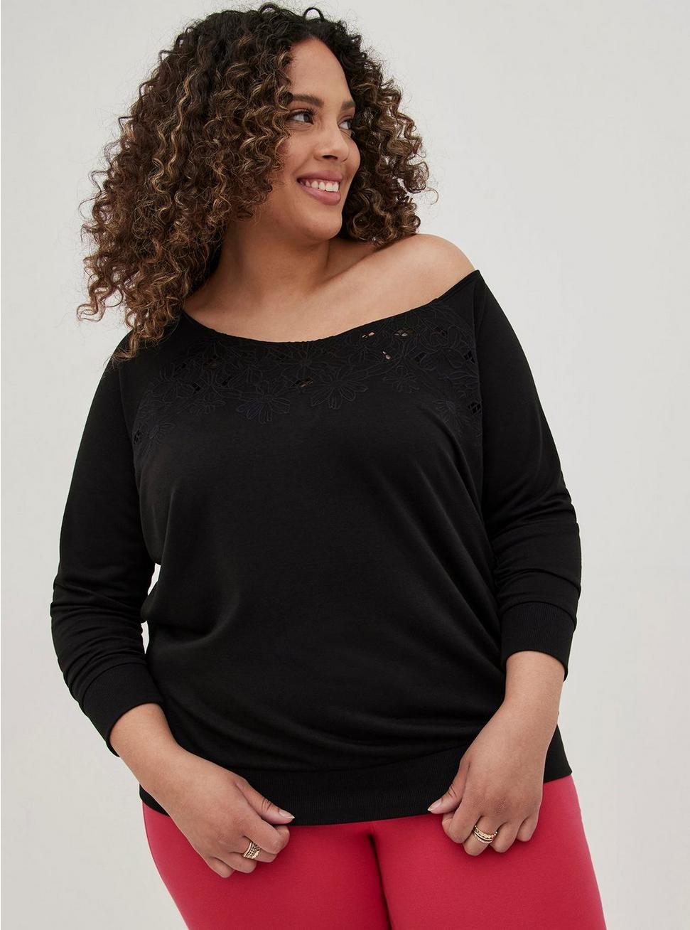 Plus Size Off-Shoulder Lt Weight French Terry Embroidered Sweatshirt, DEEP BLACK, hi-res