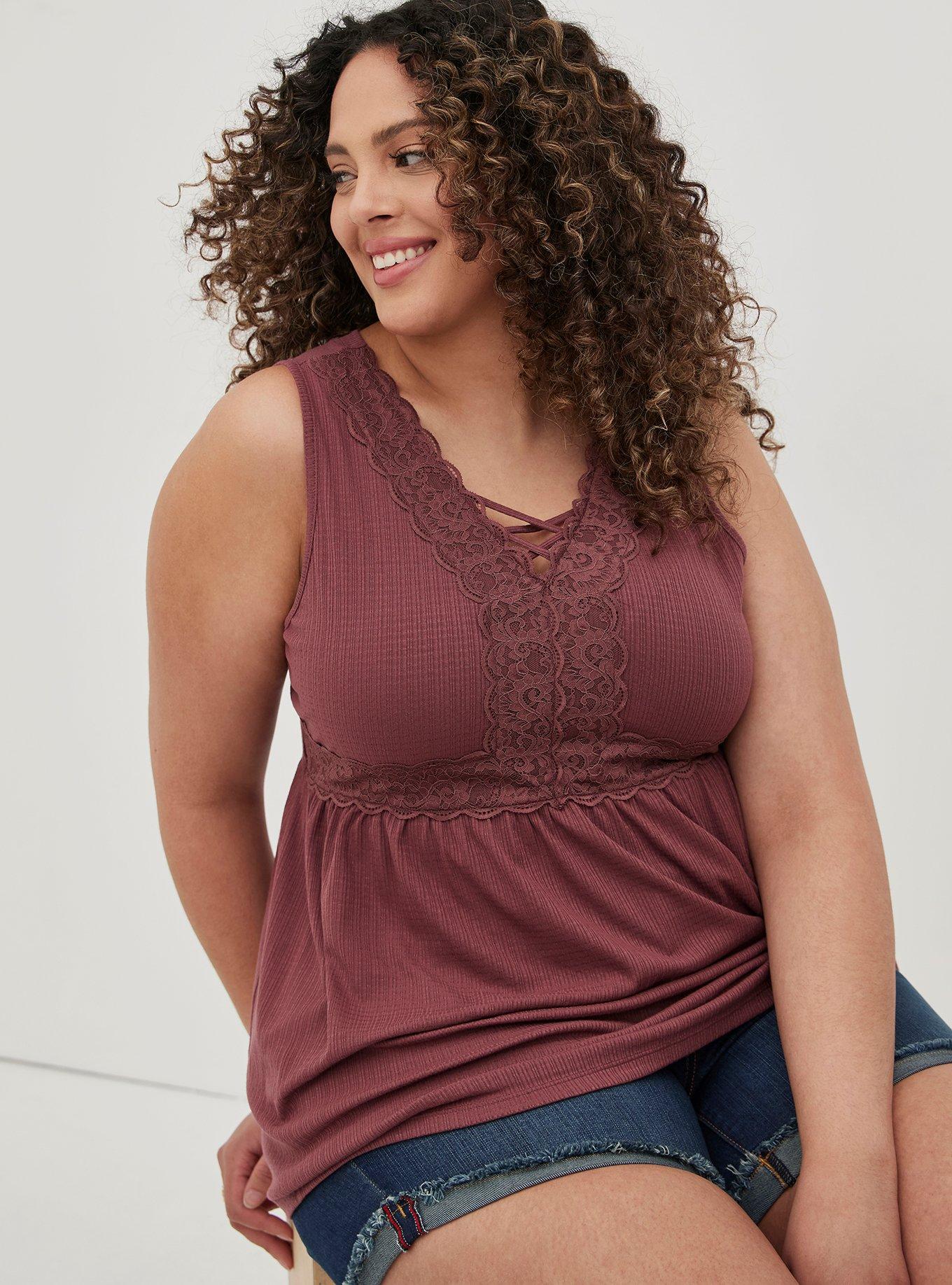 Plus Size - Babydoll Textured Jersey V-Neck Lace-Up Lace Pieced