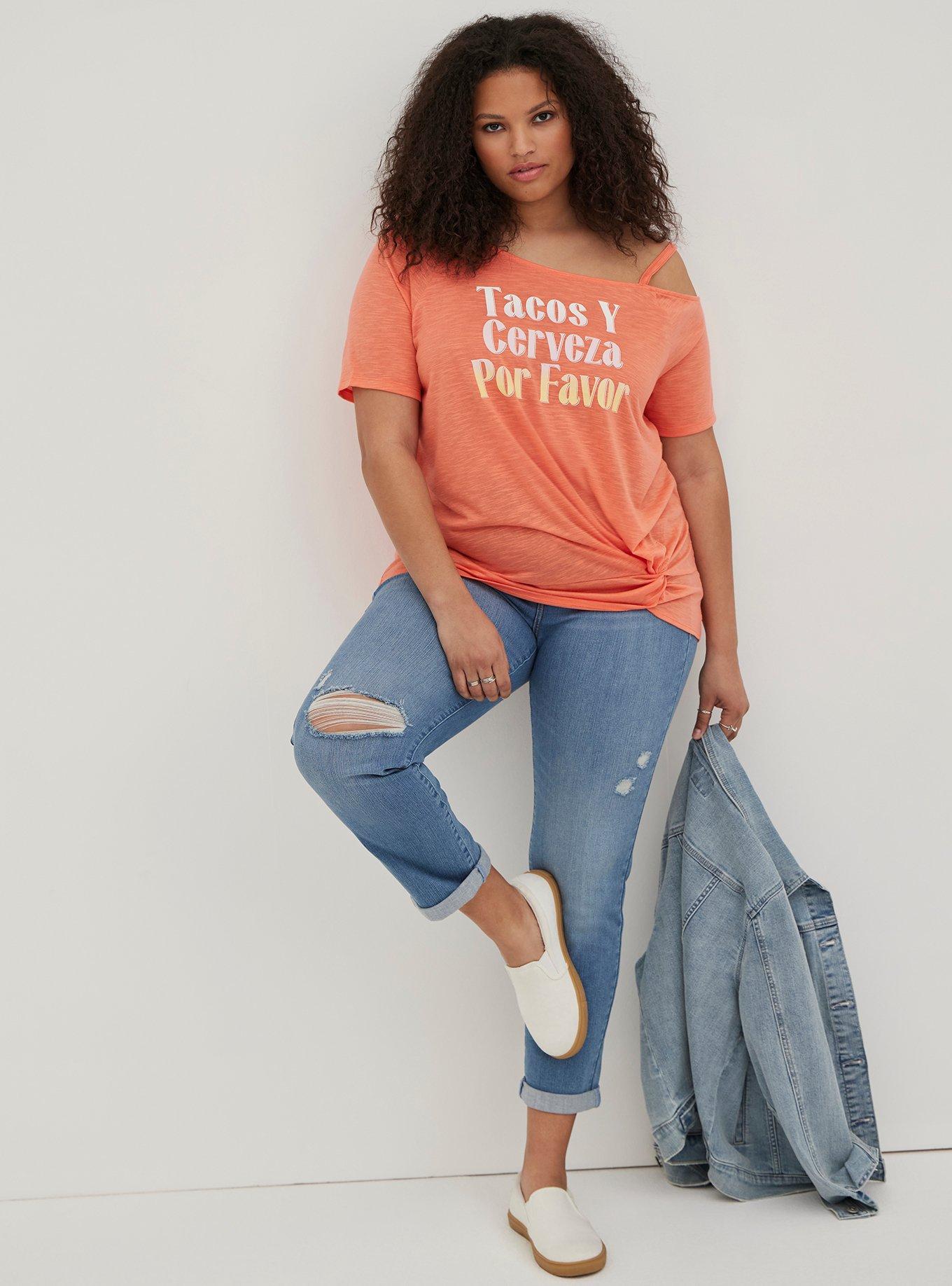 Plus Size Graphic Classic Fit Feather Soft Slub Off-Shoulder Twist Tee, TACOS ORANGE, alternate