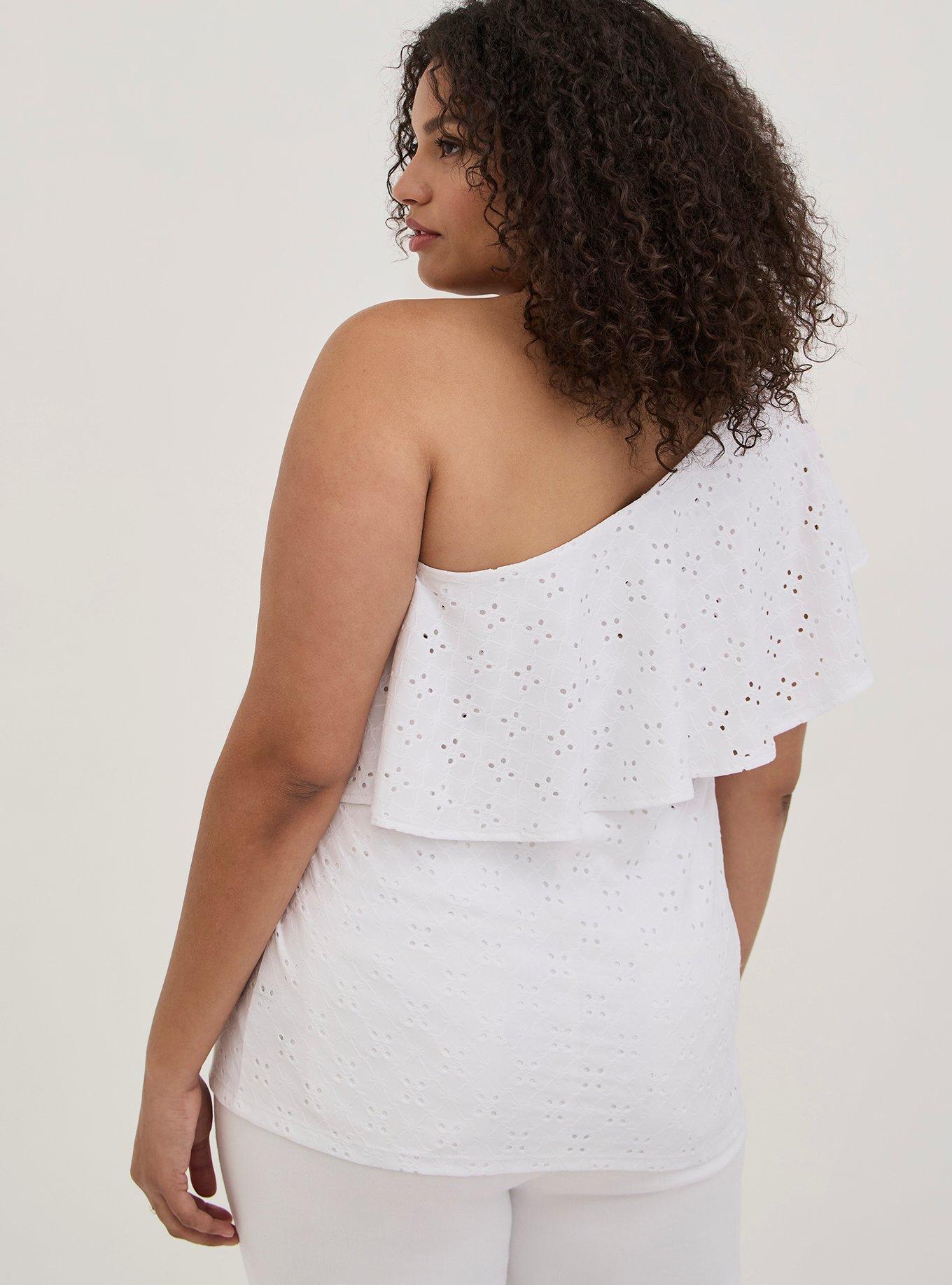 Plus Size One Shoulder Ruffle Top Eyelet Jersey White Torrid