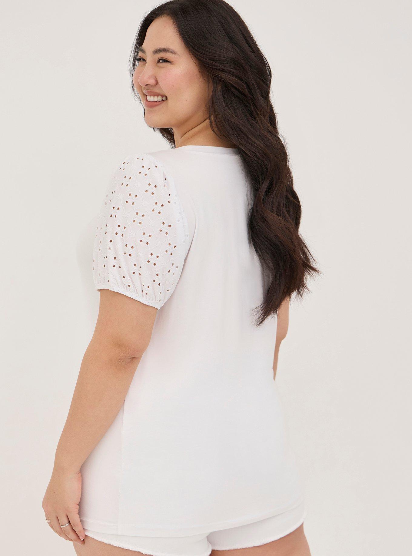 Plus Size Classic Fit Super Soft Scoop Neck Eyelet Sleeve Tee, BRIGHT WHITE, alternate