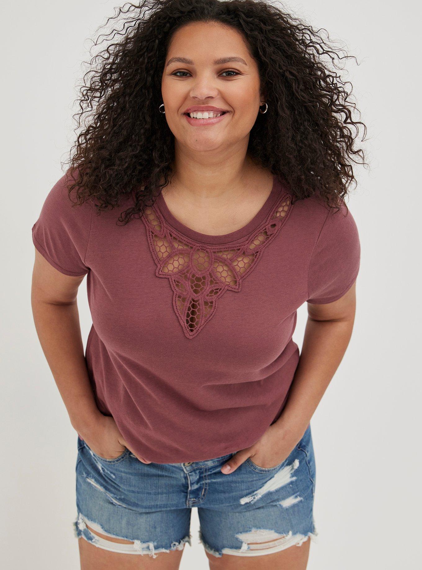 Plus Size Classic Fit Cotton Modal Crochet Neck Tee, GINGER, alternate